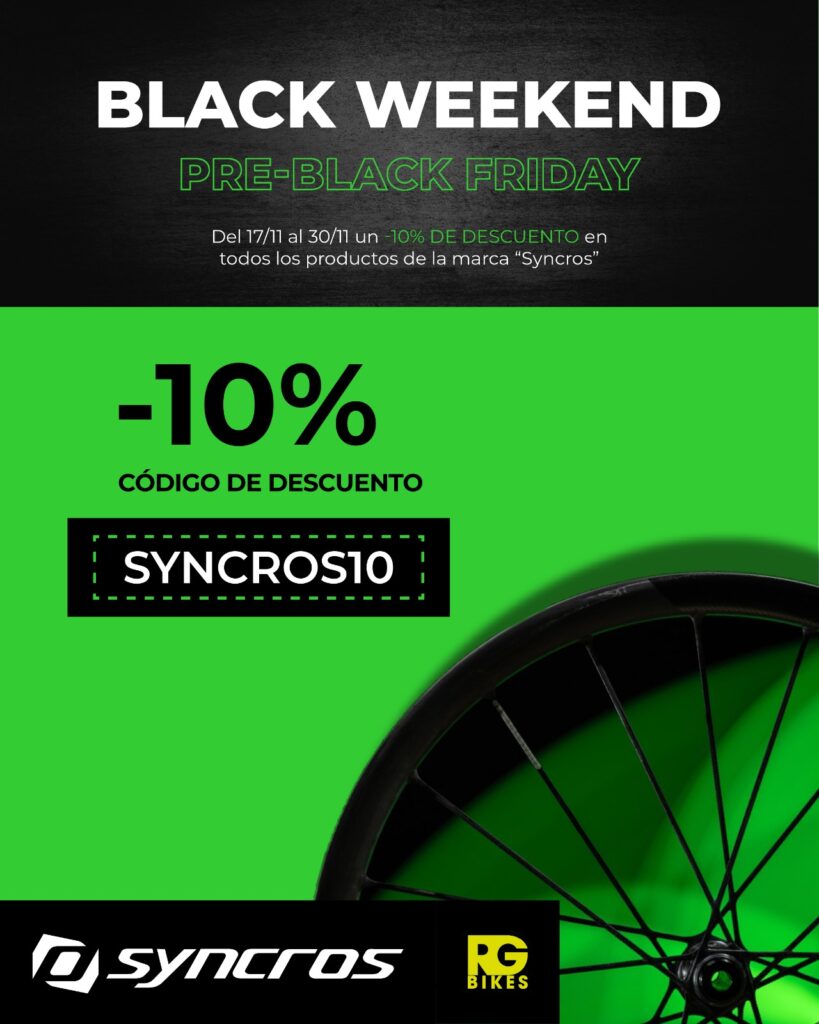 Del 17/11 al 30/11 disfruta de un 10% de descuento en todos los productos de la marca Syncros con el código SYNCROS10